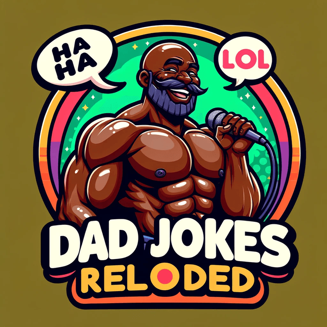 Logo depecting a black bald male shirless with a big smile and holding a mic