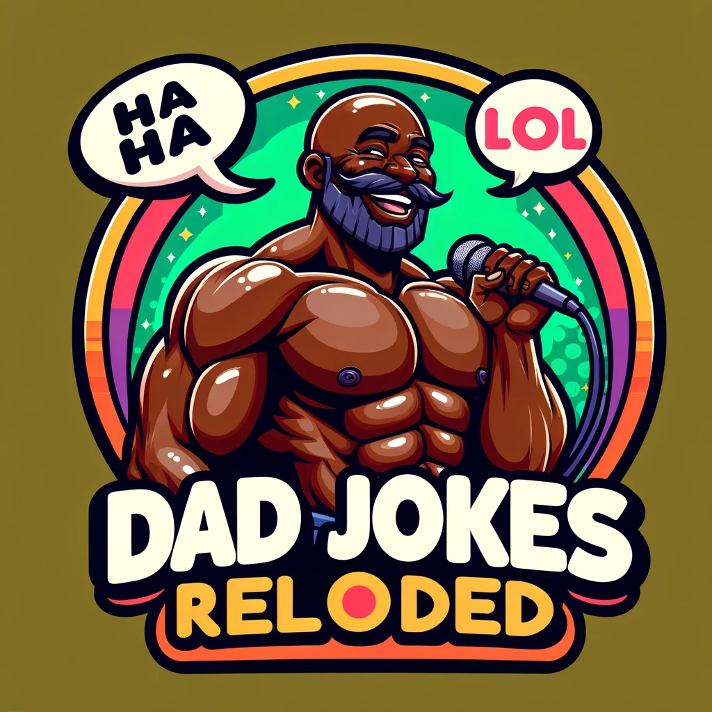 Logo depecting a black bald male shirless with a big smile and holding a mic